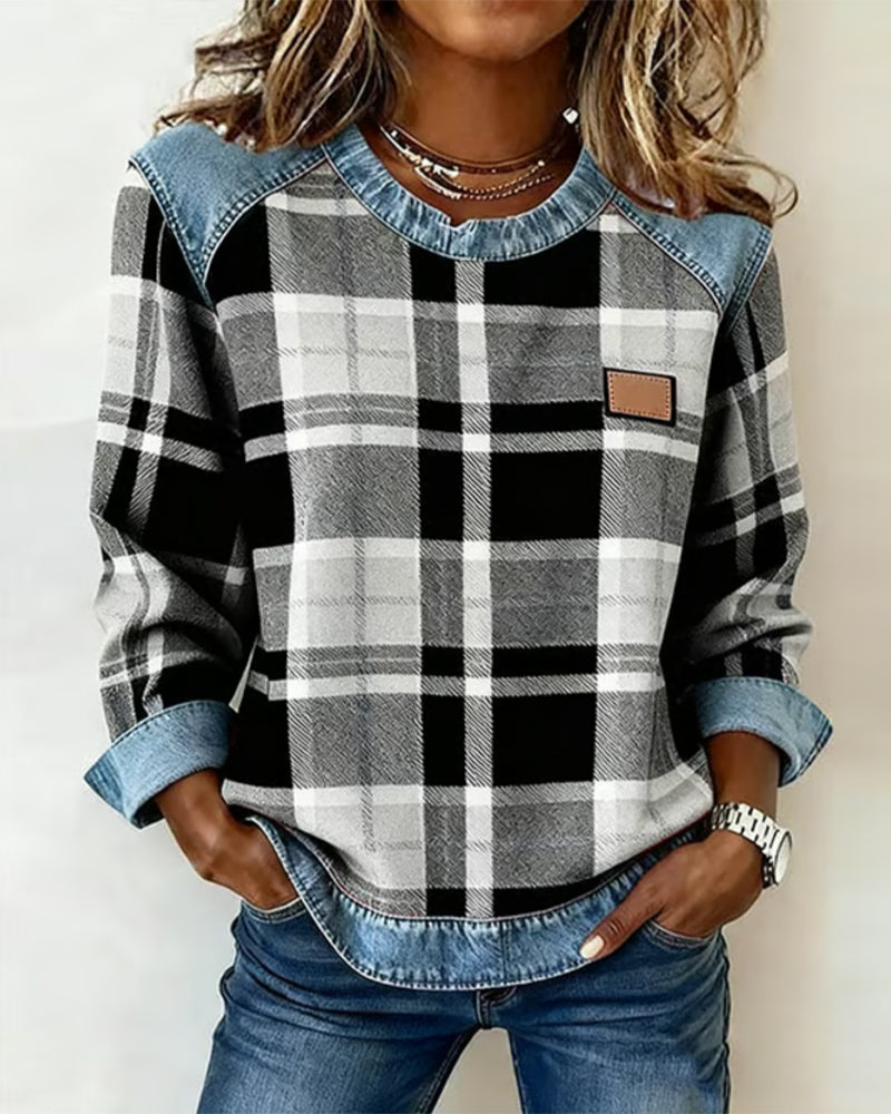 HARPER | PLAID DENIM TRIM TOP
