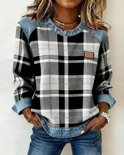 HARPER | PLAID DENIM TRIM TOP