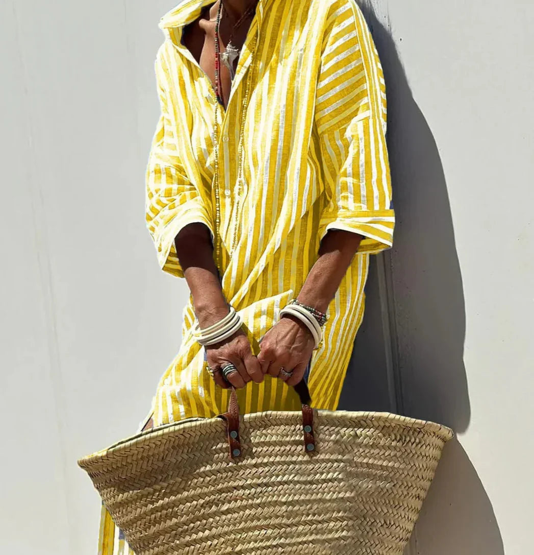 CHRISTINE | STRIPED PRINT DRESS WITH BUTTON CLOSURE AND BELT